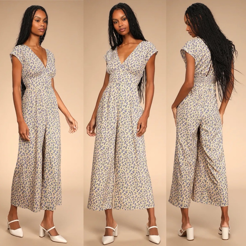 Lulus Blooming In Mind Yellow Floral Print Wide-Leg Jumpsuit